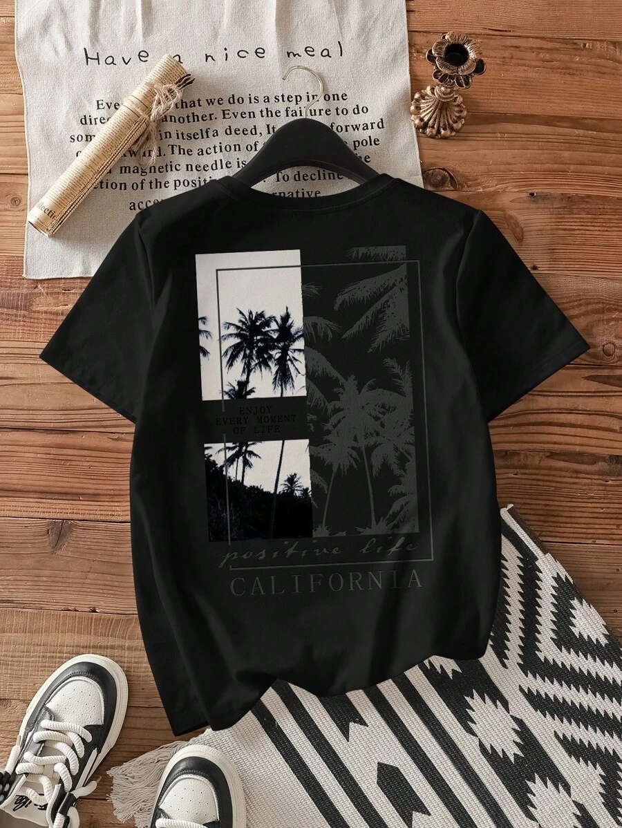 Attitoon 休闲宽松棕榈树印花圆领短袖棉质女式 T 恤，适合夏季 - 黑色 - 查看 1
