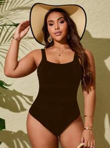 Swim Lushoire Costume da bagno intero minimal di colore unito, per donna taglie forti, adatto per l estate e le vacanze al mare