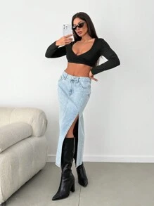 EURMUSE HIGH WAIST SIDE SLIT MIDI SKIRT LIGHT WASH - Light Wash - View 5