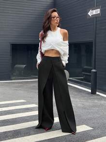 SHEIN EZwear Quần dài đơn giản màu trơn có túi cài nút phía trước dành cho nữ, mặc hàng ngày - Xám - Xem 5