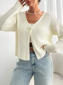 SHEIN Tall White Cardigan With Bow Women Knitwear,Long Cardigans Woman,Petite Cardigans,Cardigans - White - View 4