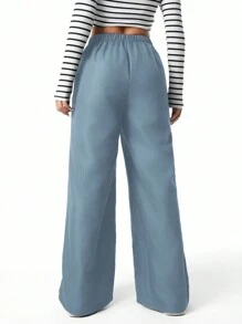 Pantalones anchos de pierna ancha sueltos y negros con pliegues en la cintura para adolescentes/adolescentes, versátil para primavera, verano, otoño e invierno - Neblina azul - Ver 2