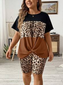 EMERY ROSE Top și pantaloni scurți cu mâneci scurte cu nod răsucit cu imprimeu de leopard, cu 2 bucăți pentru vară