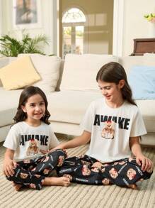 SHEIN Leap Crew 2pcs Set Cute Minimalist Bear & Letter Print Short Sleeve T-Shirt & Soft Comfortable Lounge Pajama Pants, Casual Home Sleepwear For Young Girls (2 Sets Sold Separately) - Black and White - View 5