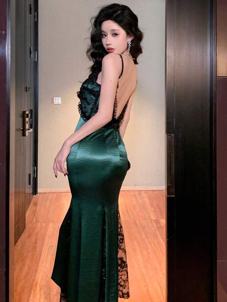 Sexy Fitted Dress With Satin, Sheer Lace And Sequin Patchwork, Great For Date Night And Formal Events Prom Dress Party Women Sundress Homecoming Dresses Elegant Women Dresses Carnival