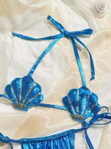 Swim EVENT Springbreak Sexy Fashion Innovative Shell Sequins Halterneck Tie-Up Bikini Top For Summer Beach - Multicolor - View 4