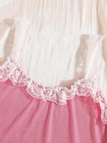 2 件套少女粉色碎花蕾丝花边吊带背心和短裤舒适家居服套装 - 粉色 - 查看 6