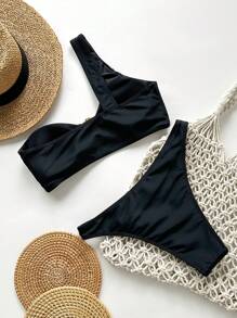 Swim Vcay Springbreak Mulheres Metal Decor Sexy 2pcs Cor Sólida Halter Biquíni Swimwear