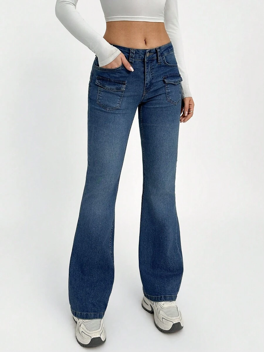 EURMUSE Low Waist Pocket Detailed Flare Fit Jean - Medium Wash - View 1