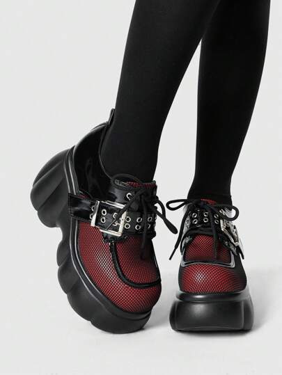 Grunge Punk Women's Black Round Toe Wedge Platform Goth Punk Eyelet Strap Buckle Fashion Flats