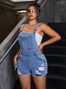 SHEIN ICON Women Plus Size Fashion Casual Versatile Washed Ripped Denim Bib Shorts - Light Wash - View 3