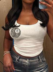 SHEIN Slayr Damen Frühling & Sommer Lässig vielseitige Quadrat-Kragen Leoparden Muster Buchstaben Pool Ball 3D Grafik dehnbares kurzes Trägershirt