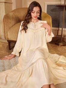 蕾丝拼布荷叶边领珍珠纽扣复古宫廷风女士睡袍 - 杏色 - 查看 5