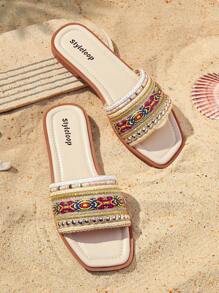 Styleloop Women's Woven Flat Sandals In Black, Brown, Beige, Coffee, Slip-On Thong Slippers, Solid Color Open Toe Non-Slip Sandals Suitable For Indoor & Outdoor Use - Apricot - View 1