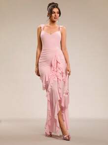 SHEIN BAE Vestido de novia de boda súper largo con espalda descubierta y hoja de loto de color rosa sólido sexy, vestido de dama de honor, vestido para citas, vestido de fiesta, vestido de temporada escolar, vestido de vacaciones, vestido de cumpleaños, vestido para salir de noche, ropa de verano para mujer, ropa de primavera, atuendo para el Día de San Valentín, carnaval, atuendo de vacaciones en la playa