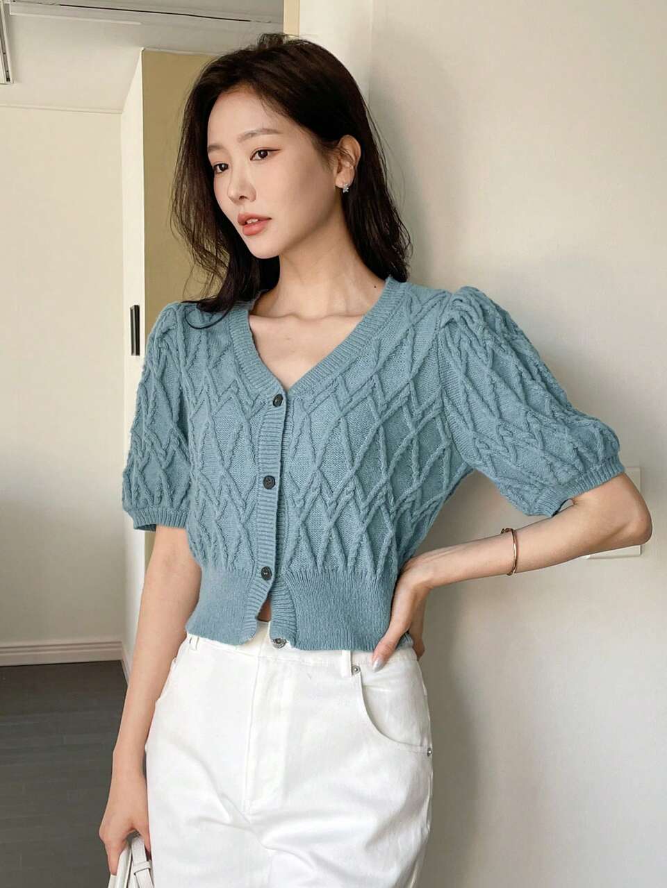 Women Casual Solid Color Puff Sleeve Button Front Knitted Top