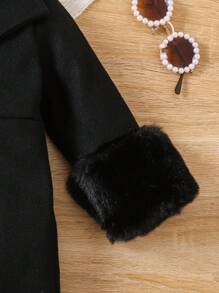 SHEIN معطف فتيات صغيرات من الصوف لفصلي الخريف والشتاء، مع أكمام بتصميم متباين مع حواف فاخرة، تصميم أنيق وراقي ومناسب للخروجات والحفلات والمناسبات - الأسود - مشاهدة 3