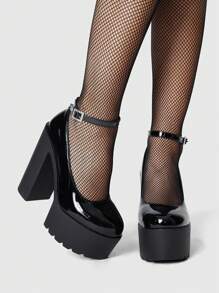 ROMWE Goth 女式哥特摇滚朋克鞋带踝带，防水厚底粗跟封闭式鞋头新娘婚礼派对礼服正式工作高跟鞋 - 黑色 - 查看 1