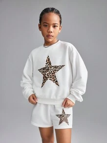SHEIN Conjunto informal de 2 piezas de sudadera con hombros caídos y shorts con estampado de leopardo y estrellas para niñas preadolescentes, de primavera/verano, de ajuste holgado