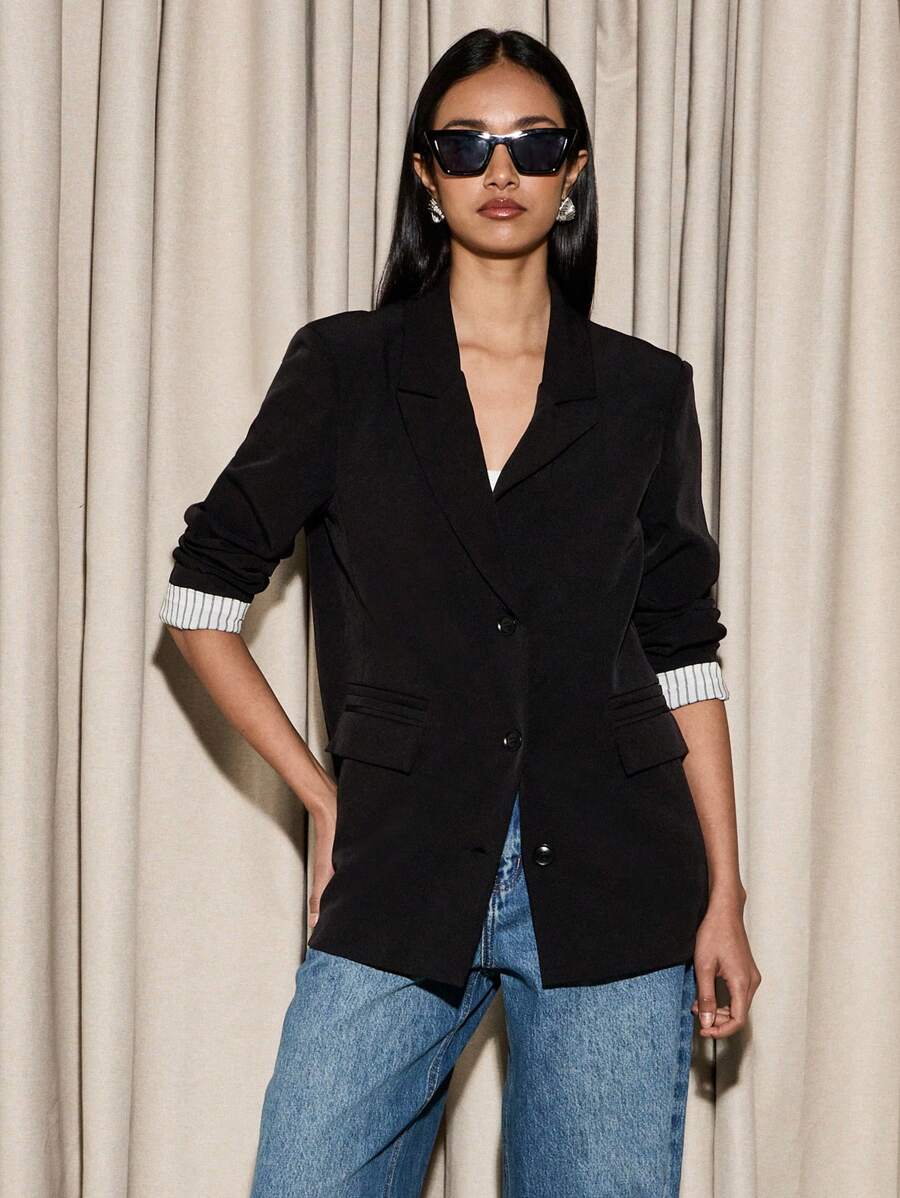 AiiRZ Professional Oversized Blazer With Striped Cuff Detail Business Casual Office Wear Classic Tailored Single-Breasted Suit Jacket Work Professional Spring Fall Outerwear - Black - View 1