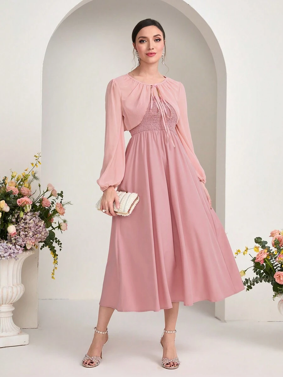 Modelyn Set de 2 piezas para mujer que incluye: Chaqueta corta de un solo color con cordón y Vestido camiseta con volantes en el bajo - Rosa - Ver 1