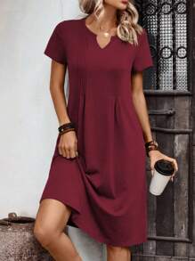 EMERY ROSE Women's Solid Color Collar Notch Pocket Short Sleeve Casual Mid-Calf Dress - Red - View 4