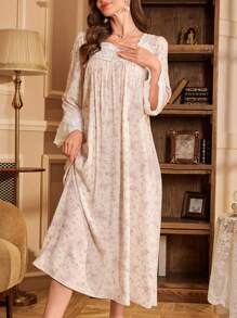 PalaceNights Vintage Ditsy Floral Loose Long Sleeve Lace Patchwork Maxi Nightgown Babydoll Luxe Loungewear, Vacation