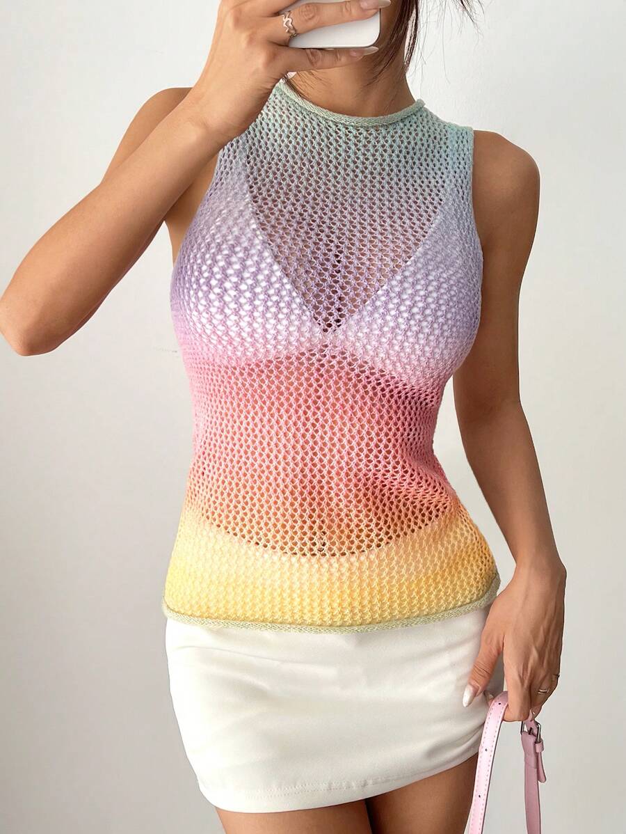 SHEIN Unity Women Casual Hollow Out Sleeveless Random Ombre Knit Top - Multicolor - View 1