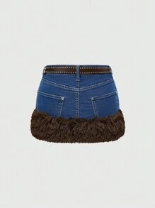 ROMWE J-Fashion Y2K Streetwear Rhinestone Skull & Star Pattern Distressed Sexy Mini Skirt With Belt For Women - Blue - View 3