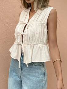 SHEIN Frenchy Women Solid Color Pleated Front Tie Sleeveless Shirt Summer Casual - Apricot - View 4