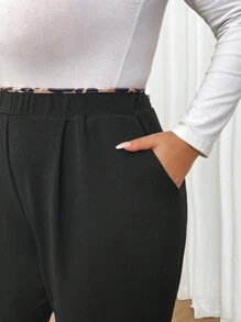 SHEIN CURVE+ 大码女装秋冬时尚休闲舒适豹纹拼接松紧腰口袋黑色裤子，女式下装，秋季女装，工作裤，教师服，曲线裤，办公室装，商务休闲女装 - 黑色 - 查看 6