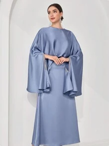 Veilorie Conjunto de top de manga tipo murciélago y falda elegante para mujer, conjunto de estilo árabe