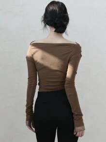 DAZY Women's Off Shoulder Asymmetrical Hemline Organza Bow T-Shirt Long Sleeve Women Tops,Fall Women Clothes - Brown - View 5