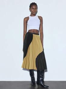 SHEIN Maija 2025 Summer New Pleated Color Blocking Skirt, Ladies' Casual Business Commute Elegant Beach Resort Suitable For Wedding Guest, Countryside Music Festival, Brunch, Airport Attire, 90s Vintage Stockholm Style, American Independence Day - Brown - View 2