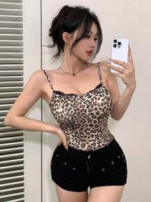 DAZY Women's Leopard Print Lace Patchwork Tank Top Cheetah Print