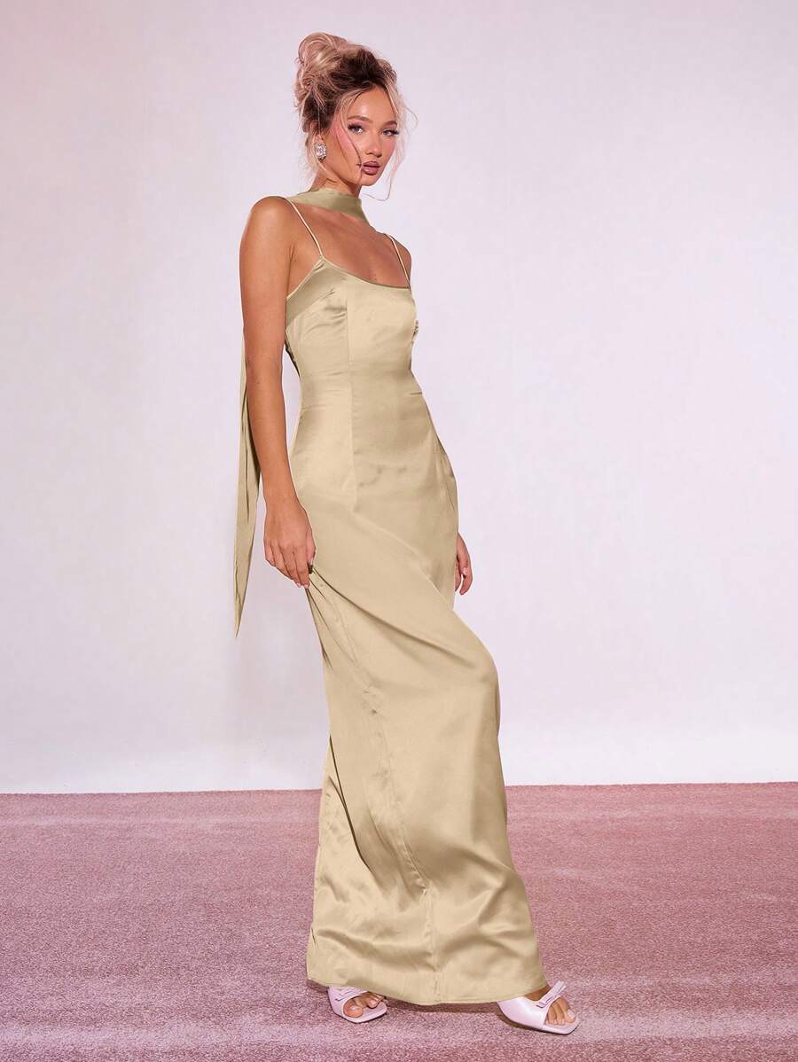 MUSERA Solid Slip Maxi Holiday Party Dress With Scarf 90's Prom Spring - Apricot - View 1