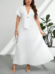 Firerie 2pcs/Set Plus Size Solid Color Front Button Short Sleeve Blouse And Skirt Suit - White - View 4