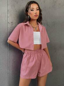 GlowEve 2pcs/Set Women's Solid Color Single Breasted Short Shirt And Ruffle Hem Shorts Set - Dusty Pink - View 5