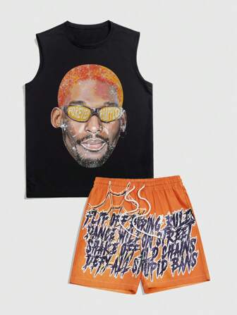Street Life 2pcs Men Crew Neck Sleeveless Figure Print Casual Top And Shorts Set