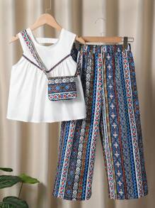 2pcs Tween Girls Fashionable Sleeveless Tank Top And Casual Pants Set With Cross-Body Bag, Summer,Holiday,Summer,Travel - Blue - View 1