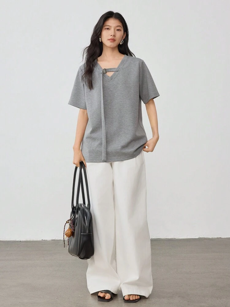 Women's Casual V-Neck Lace-Up Short Sleeve Loose T-Shirt, Simple & Stylish Design Business Casual Woman