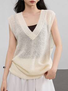 Dazy-Less Women's Casual Loose V-Neck Pullover Knitted Sweater Vest Business Casual Women - Beige - View 1