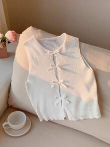 Comfortcana Atasan Tanpa Lengan Rajut Kasual Wanita Warna Polos dengan Pita dan Lubang-lubang - Putih - View 4