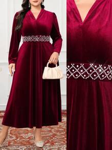 Modelyn Plus Size Solid Color V-Neck Patchwork Long Sleeve Casual Dress Long Evening Dresses - Burgundy - View 1