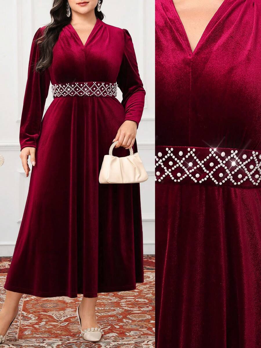 Modelyn Plus Size Solid Color V-Neck Patchwork Long Sleeve Casual Dress Long Evening Dresses - Burgundy - View 1