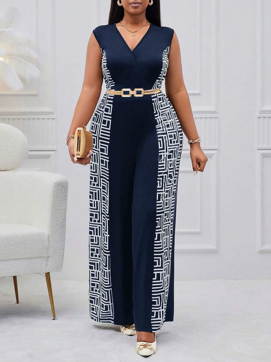SHEIN Lady Plus Size Sleeveless Color Block -Block Split V-Neck Maxi High-Waisted Wide-Leg Pants For Tall Women Four Seasons - Navy Blue - View 1