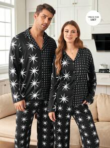 CoupledUp Men's Front Button Long Sleeve Printed Simple Lounge Top And Pants Set - Multicolor - View 5