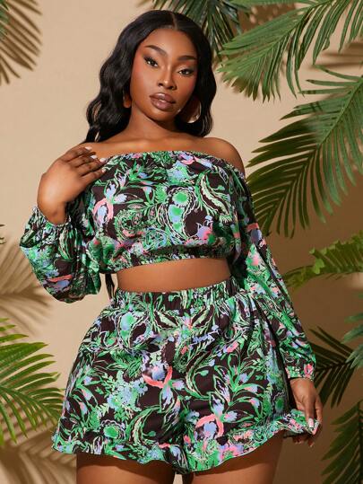 SHEIN SXY Plus Size Off Shoulder Long Sleeve Floral Print Top & Shorts 2Pcs Set, Minimalist