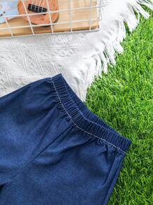 SHEIN Leap Crew 3 件套包括条纹 T 恤、淡蓝色衬衫、条纹短裤、男婴夏季休闲可爱服装 - 彩色 - 查看 8