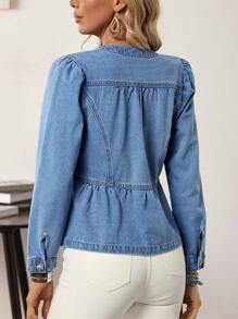 SHEIN Tall Women's Denim Jacket With Ruffle Trim Bottom And Single-Breasted Closure - Blue - View 2
